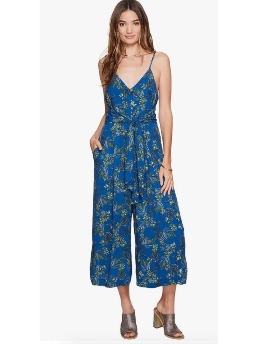 Free People Hot Tropics Jumpsuit Womens 0 Blue Floral Wide Leg Cropped‎